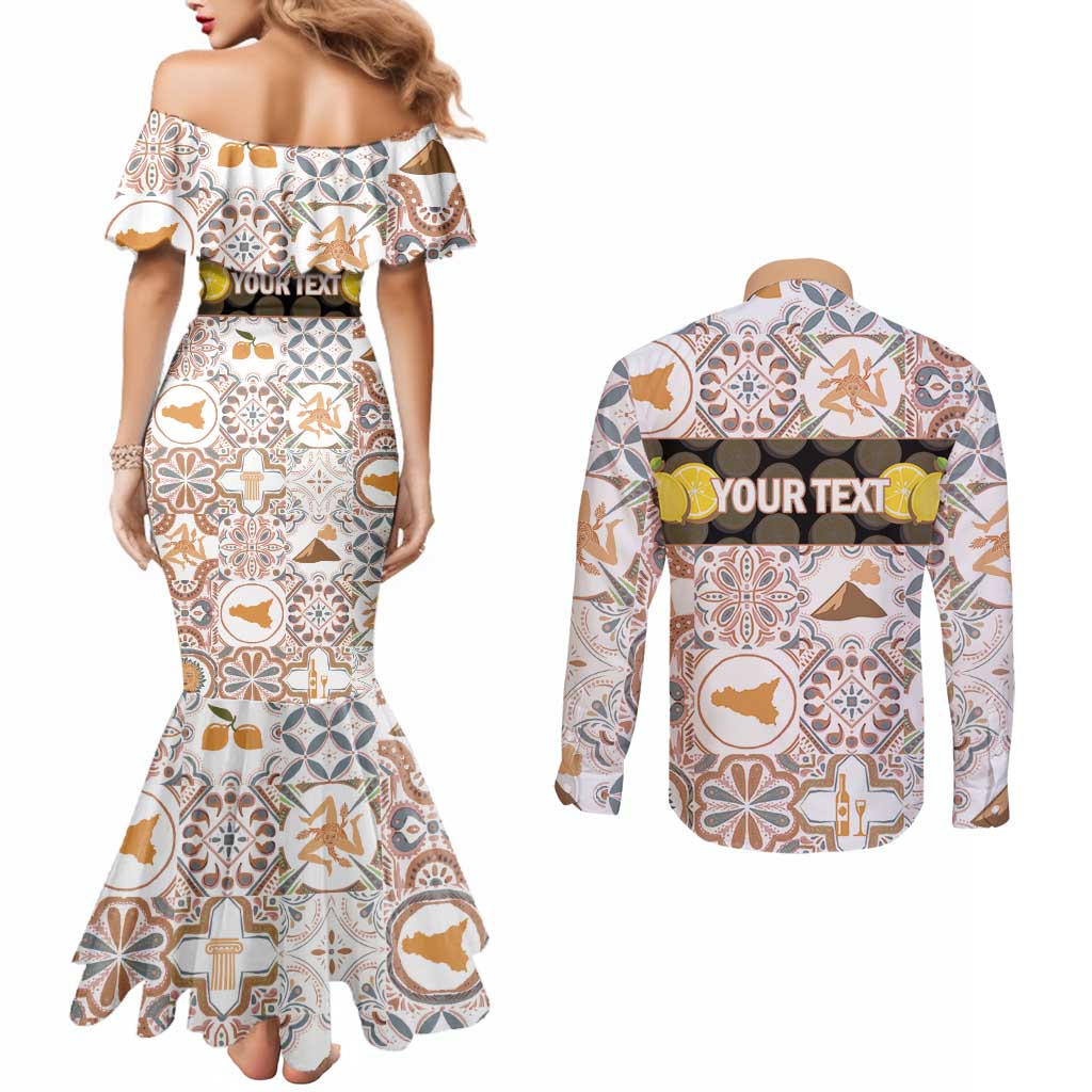 Personalized Sicilia National Symbols With Mosaic Motifs Couples Matching Mermaid Dress and Long Sleeve Button Shirt