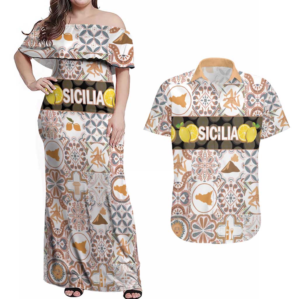 Personalized Sicilia National Symbols With Mosaic Motifs Couples Matching Off Shoulder Maxi Dress and Hawaiian Shirt