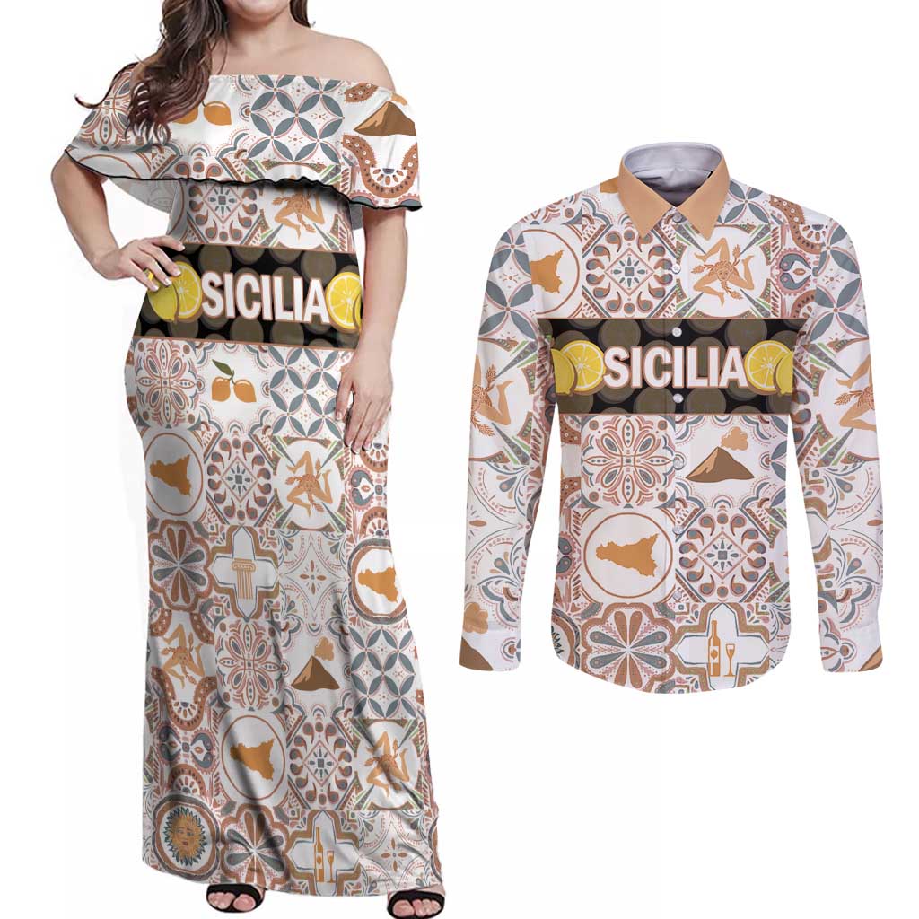 Personalized Sicilia National Symbols With Mosaic Motifs Couples Matching Off Shoulder Maxi Dress and Long Sleeve Button Shirt