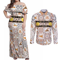 Personalized Sicilia National Symbols With Mosaic Motifs Couples Matching Off Shoulder Maxi Dress and Long Sleeve Button Shirt