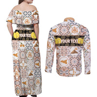 Personalized Sicilia National Symbols With Mosaic Motifs Couples Matching Off Shoulder Maxi Dress and Long Sleeve Button Shirt