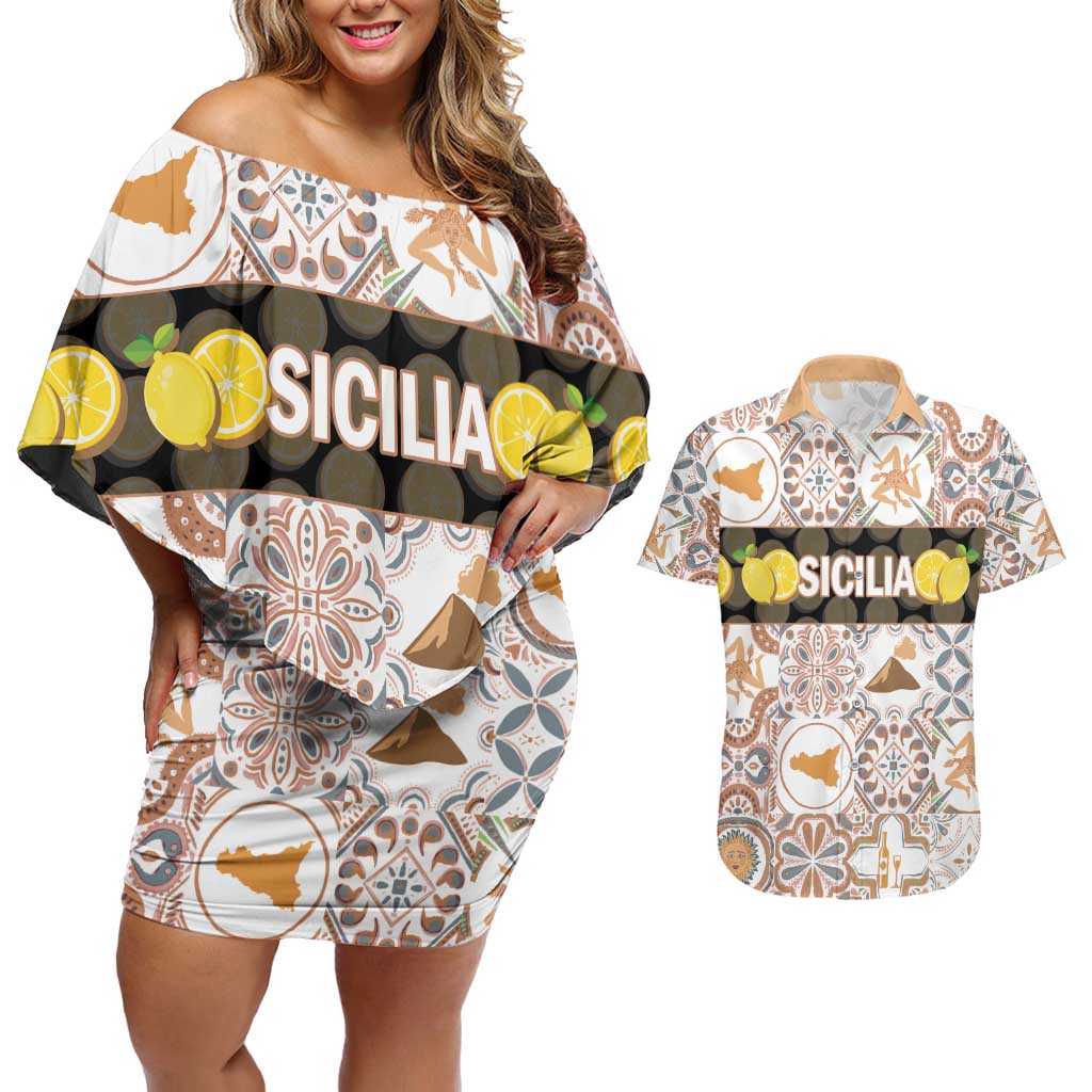 Personalized Sicilia National Symbols With Mosaic Motifs Couples Matching Off Shoulder Short Dress and Hawaiian Shirt