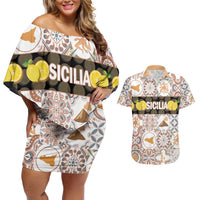 Personalized Sicilia National Symbols With Mosaic Motifs Couples Matching Off Shoulder Short Dress and Hawaiian Shirt