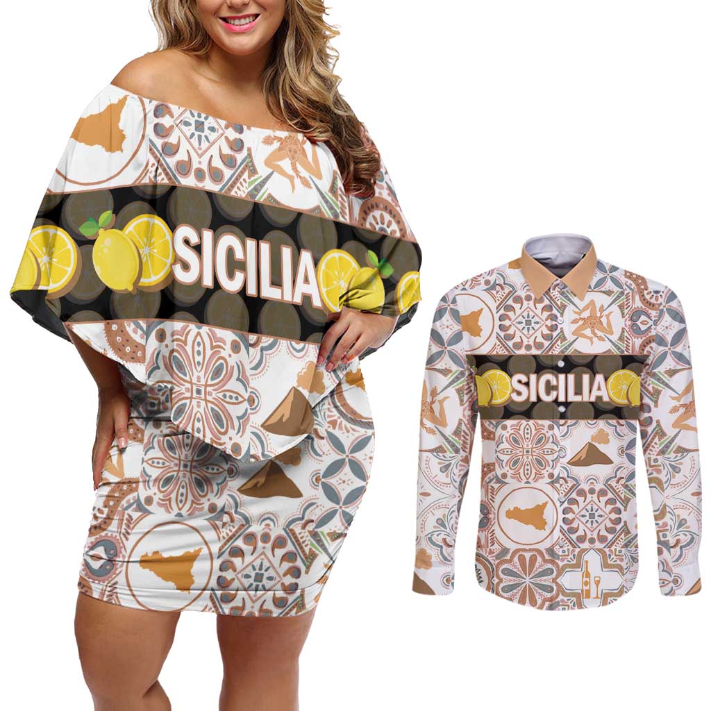 Personalized Sicilia National Symbols With Mosaic Motifs Couples Matching Off Shoulder Short Dress and Long Sleeve Button Shirt