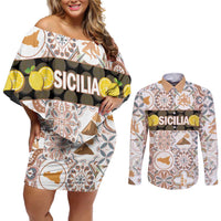 Personalized Sicilia National Symbols With Mosaic Motifs Couples Matching Off Shoulder Short Dress and Long Sleeve Button Shirt
