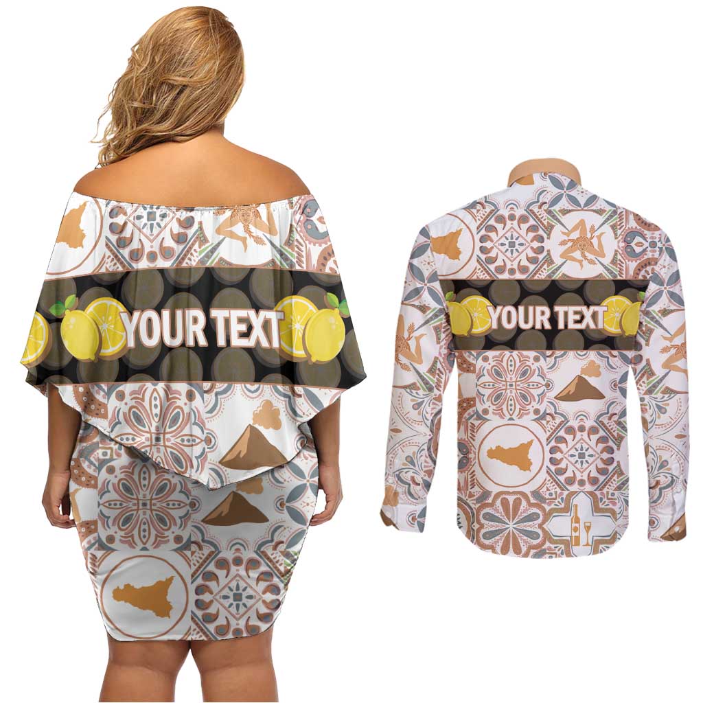 Personalized Sicilia National Symbols With Mosaic Motifs Couples Matching Off Shoulder Short Dress and Long Sleeve Button Shirt
