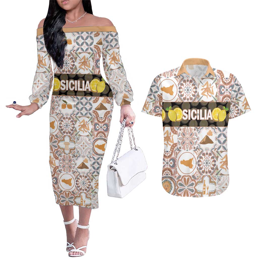 Personalized Sicilia National Symbols With Mosaic Motifs Couples Matching Off The Shoulder Long Sleeve Dress and Hawaiian Shirt