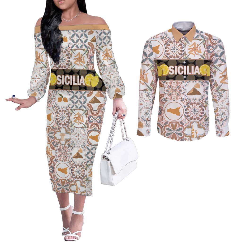 Personalized Sicilia National Symbols With Mosaic Motifs Couples Matching Off The Shoulder Long Sleeve Dress and Long Sleeve Button Shirt