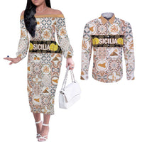 Personalized Sicilia National Symbols With Mosaic Motifs Couples Matching Off The Shoulder Long Sleeve Dress and Long Sleeve Button Shirt