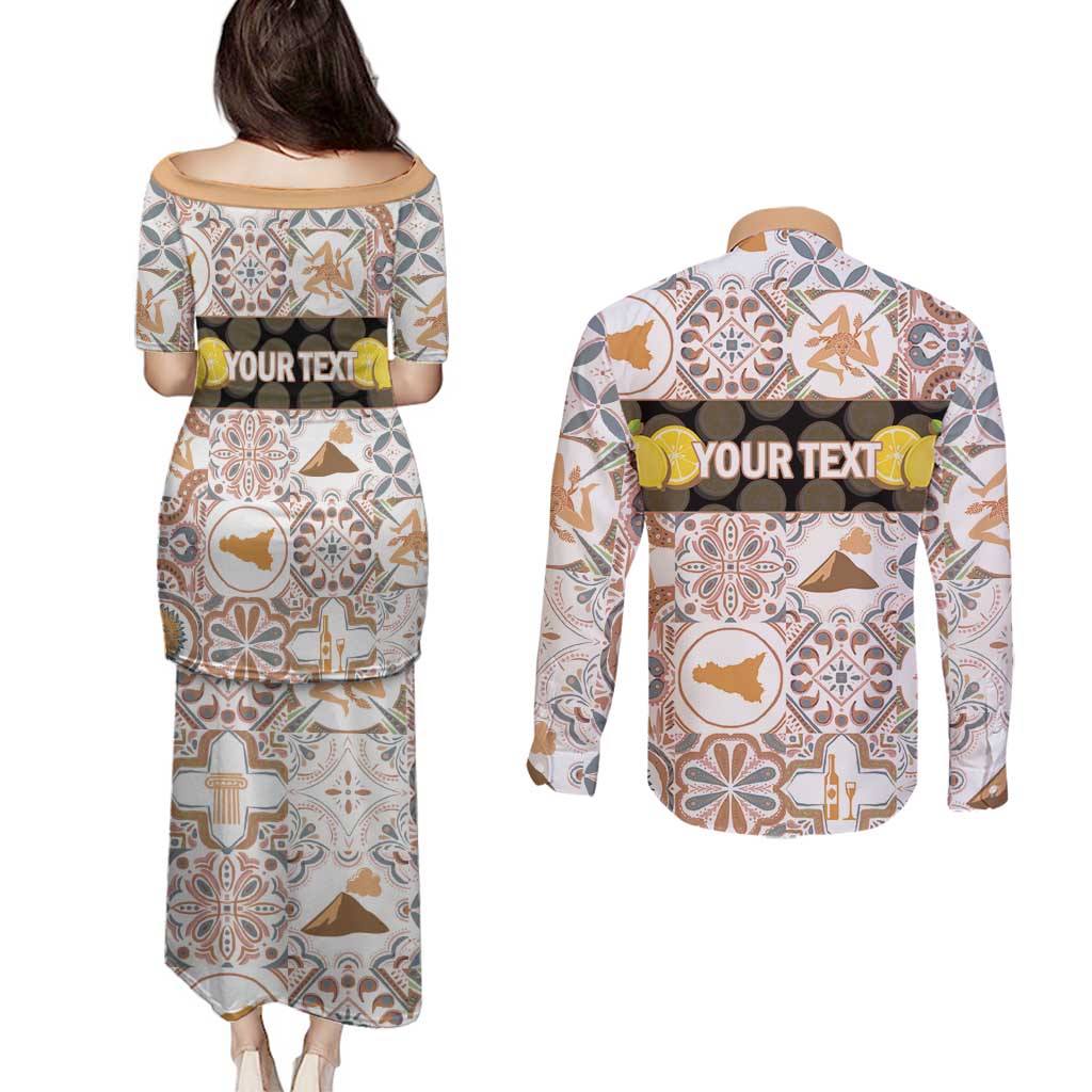 Personalized Sicilia National Symbols With Mosaic Motifs Couples Matching Puletasi and Long Sleeve Button Shirt
