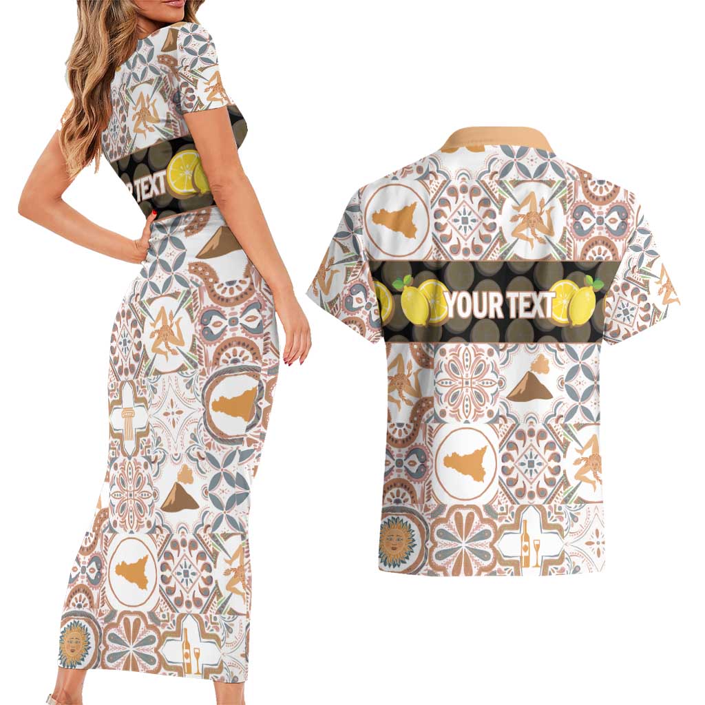 Personalized Sicilia National Symbols With Mosaic Motifs Couples Matching Short Sleeve Bodycon Dress and Hawaiian Shirt