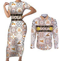 Personalized Sicilia National Symbols With Mosaic Motifs Couples Matching Short Sleeve Bodycon Dress and Long Sleeve Button Shirt