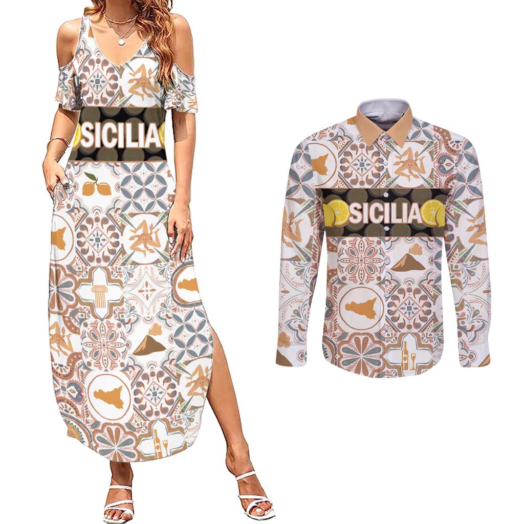 Personalized Sicilia National Symbols With Mosaic Motifs Couples Matching Summer Maxi Dress and Long Sleeve Button Shirt