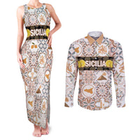Personalized Sicilia National Symbols With Mosaic Motifs Couples Matching Tank Maxi Dress and Long Sleeve Button Shirt