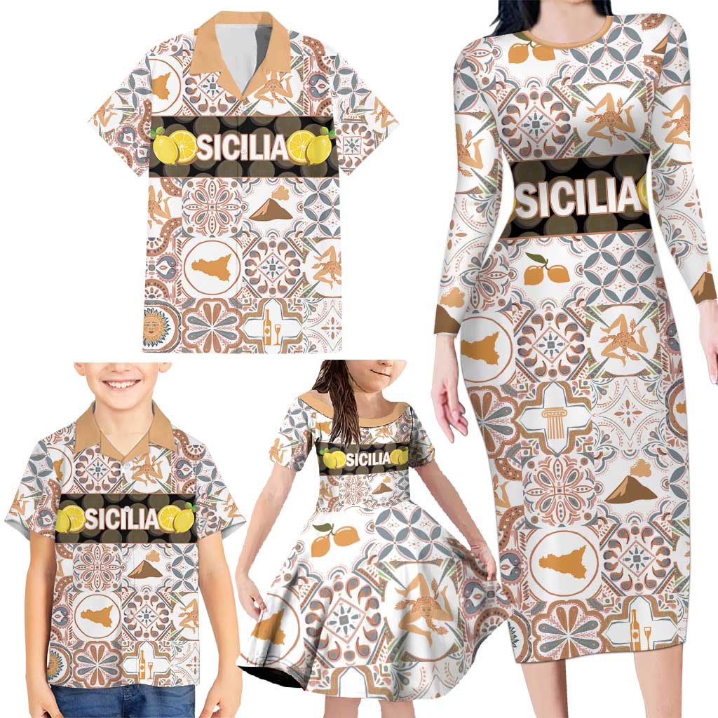 Personalized Sicilia National Symbols With Mosaic Motifs Family Matching Long Sleeve Bodycon Dress and Hawaiian Shirt