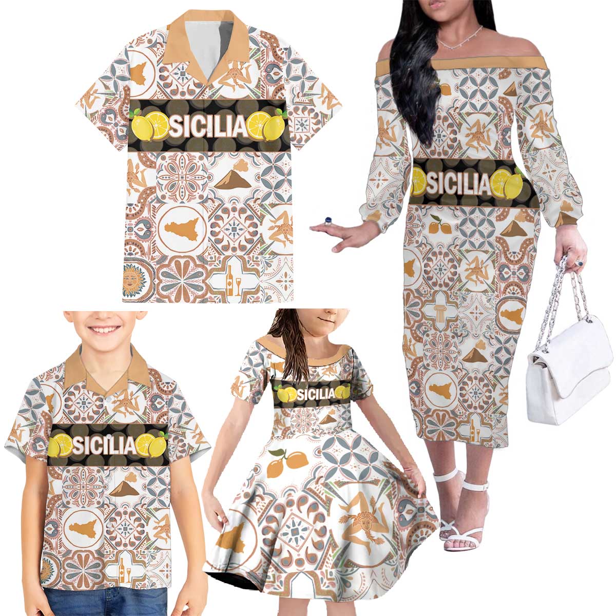 Personalized Sicilia National Symbols With Mosaic Motifs Family Matching Off The Shoulder Long Sleeve Dress and Hawaiian Shirt