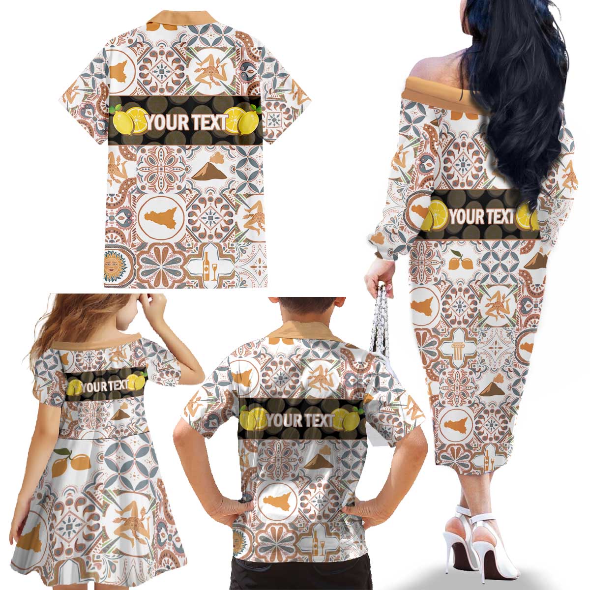 Personalized Sicilia National Symbols With Mosaic Motifs Family Matching Off The Shoulder Long Sleeve Dress and Hawaiian Shirt