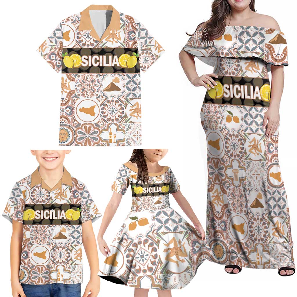 Personalized Sicilia National Symbols With Mosaic Motifs Family Matching Off Shoulder Maxi Dress and Hawaiian Shirt