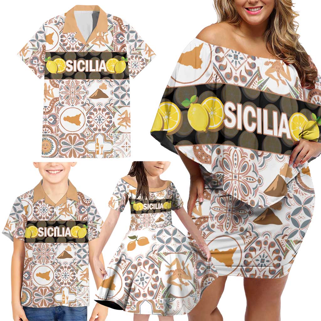 Personalized Sicilia National Symbols With Mosaic Motifs Family Matching Off Shoulder Short Dress and Hawaiian Shirt