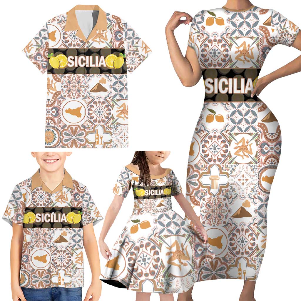 Personalized Sicilia National Symbols With Mosaic Motifs Family Matching Short Sleeve Bodycon Dress and Hawaiian Shirt