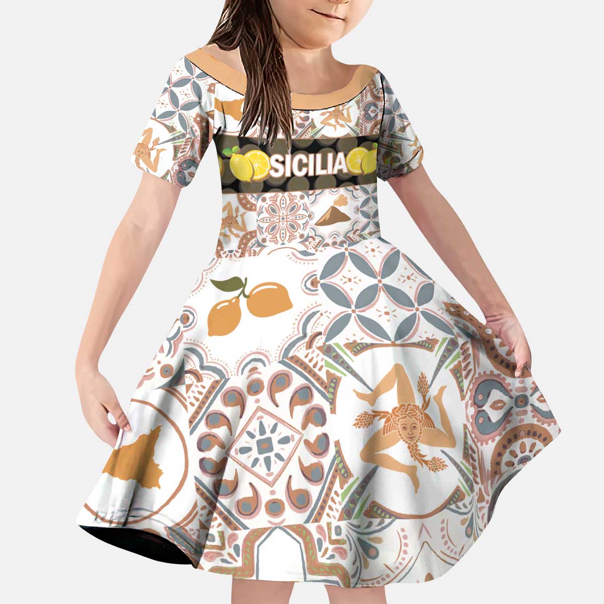Personalized Sicilia National Symbols With Mosaic Motifs Kid Short Sleeve Dress