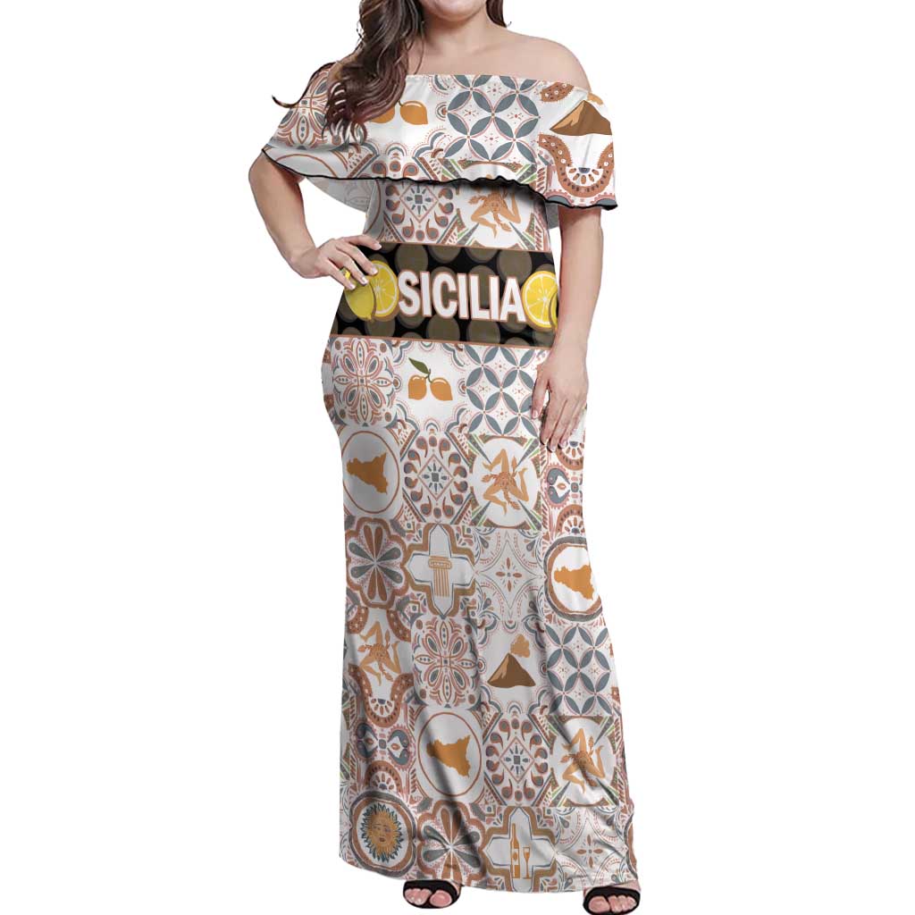 Personalized Sicilia National Symbols With Mosaic Motifs Off Shoulder Maxi Dress