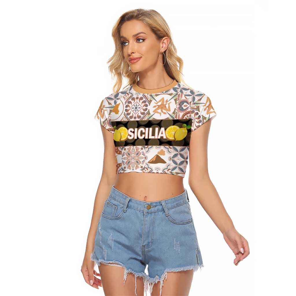 Personalized Sicilia National Symbols With Mosaic Motifs Raglan Cropped T Shirt