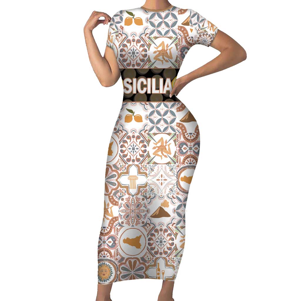 Personalized Sicilia National Symbols With Mosaic Motifs Short Sleeve Bodycon Dress