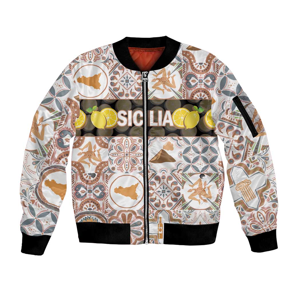 Personalized Sicilia National Symbols With Mosaic Motifs Sleeve Zip Bomber Jacket