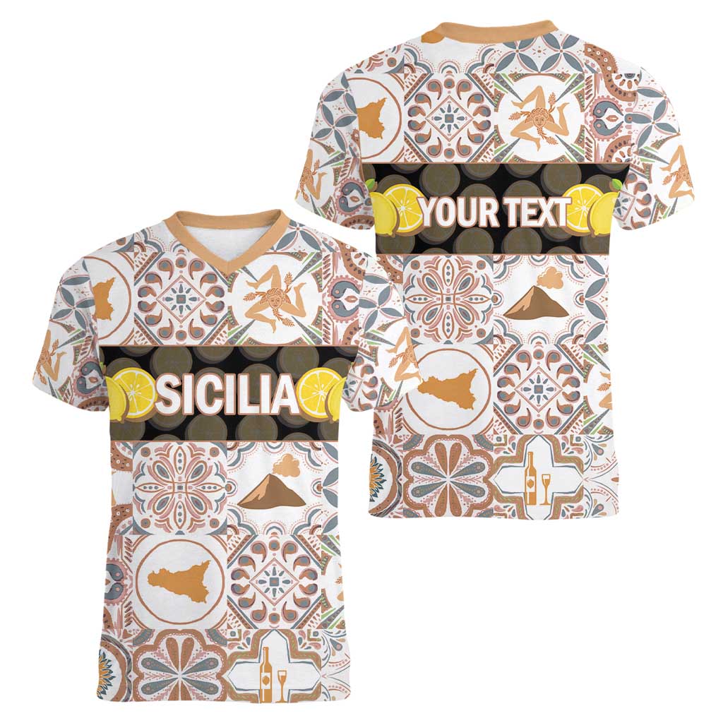 Personalized Sicilia National Symbols With Mosaic Motifs Women V-Neck T-Shirt