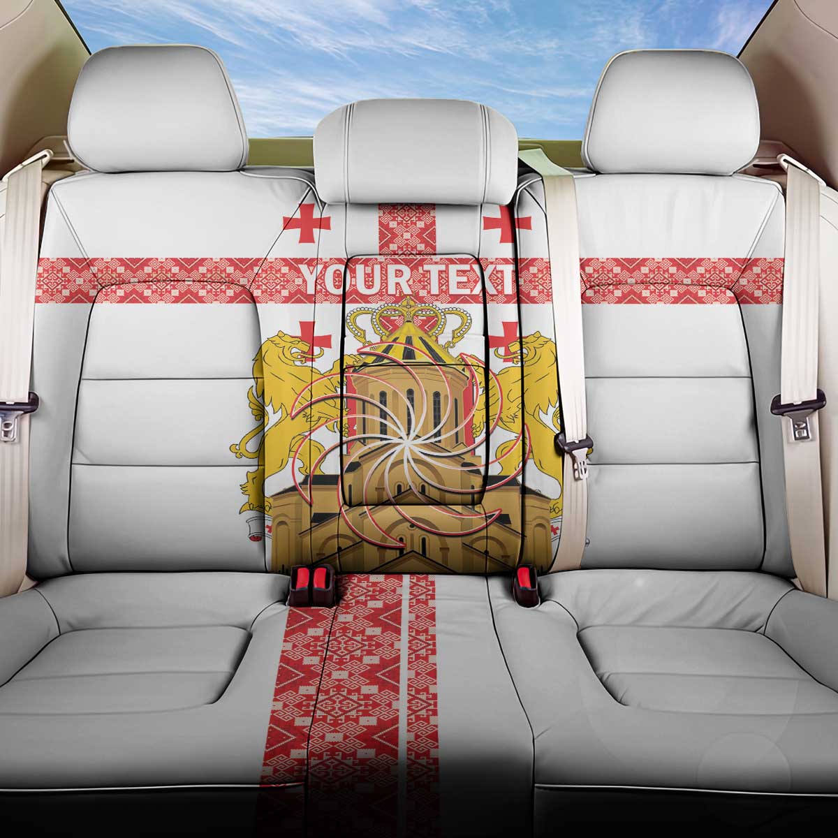 Personalised Georgia Independence Day Back Car Seat Cover Sameba Cathedral Borjgali Folk Pattern
