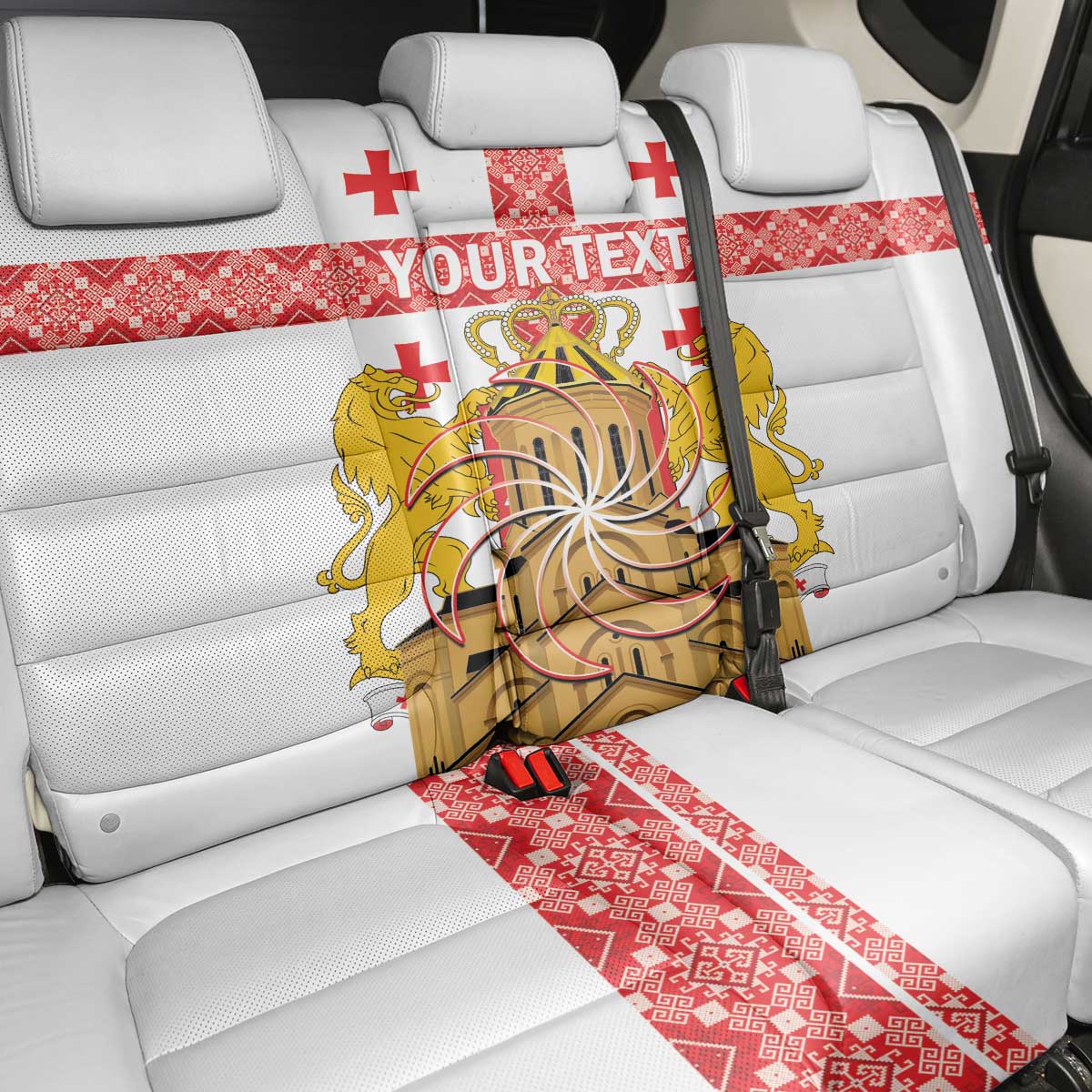 Personalised Georgia Independence Day Back Car Seat Cover Sameba Cathedral Borjgali Folk Pattern