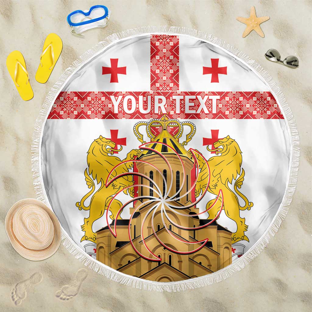 Personalised Georgia Independence Day Beach Blanket Sameba Cathedral Borjgali Folk Pattern