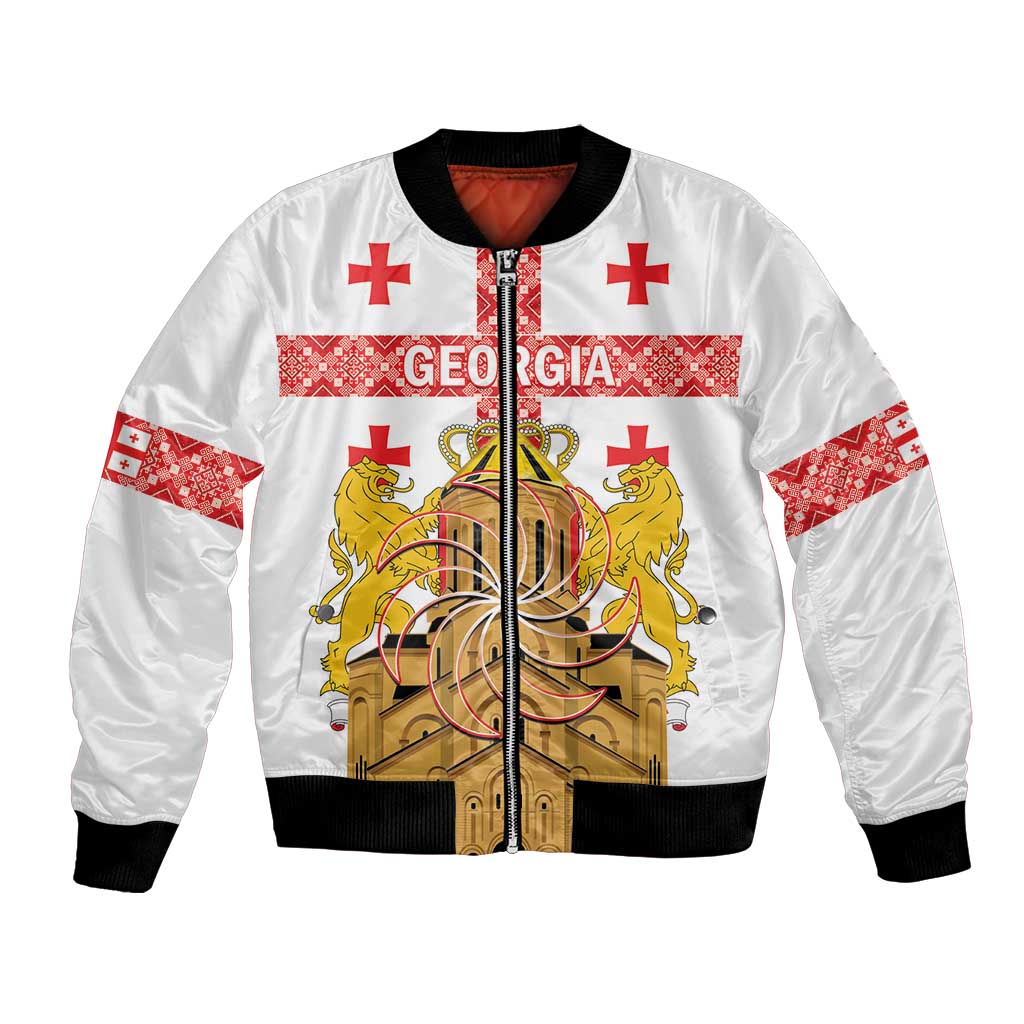 Personalised Georgia Independence Day Bomber Jacket Sameba Cathedral Borjgali Folk Pattern