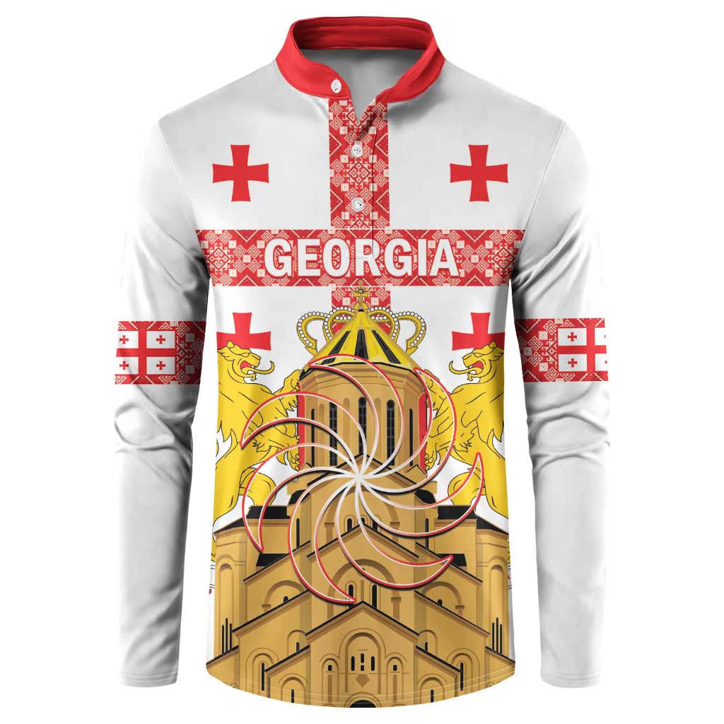 Personalised Georgia Independence Day Button Sweatshirt Sameba Cathedral Borjgali Folk Pattern