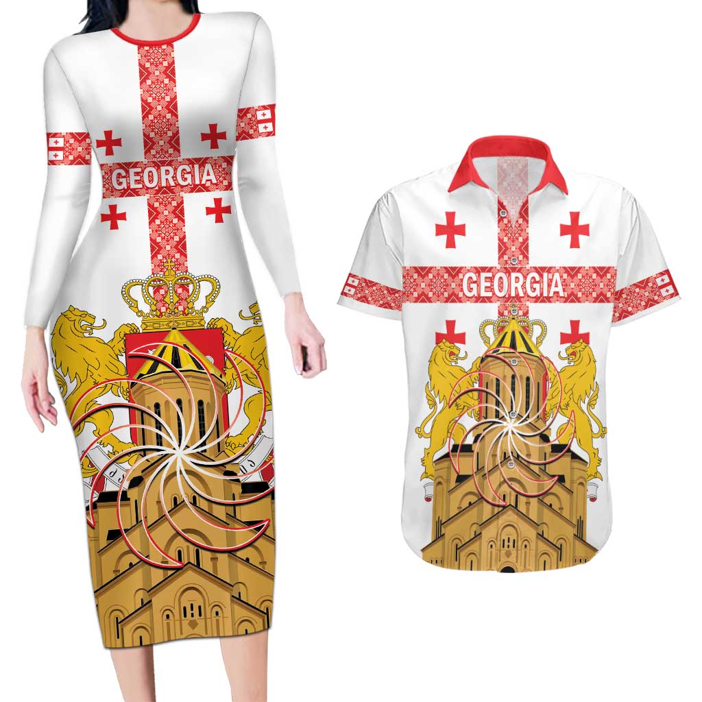Personalised Georgia Independence Day Couples Matching Long Sleeve Bodycon Dress and Hawaiian Shirt Sameba Cathedral Borjgali Folk Pattern