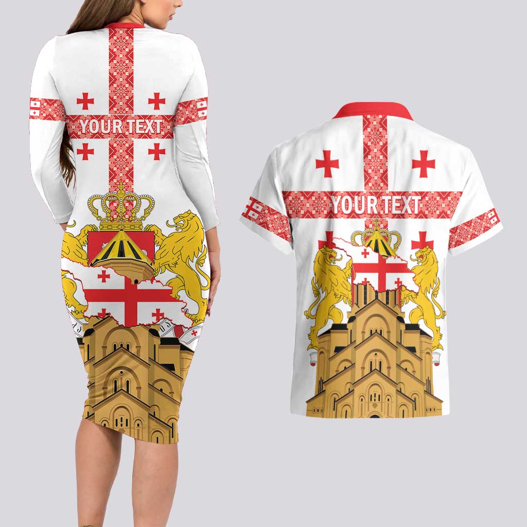 Personalised Georgia Independence Day Couples Matching Long Sleeve Bodycon Dress and Hawaiian Shirt Sameba Cathedral Borjgali Folk Pattern
