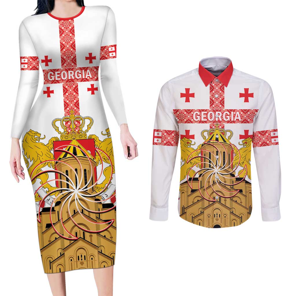 Personalised Georgia Independence Day Couples Matching Long Sleeve Bodycon Dress and Long Sleeve Button Shirt Sameba Cathedral Borjgali Folk Pattern