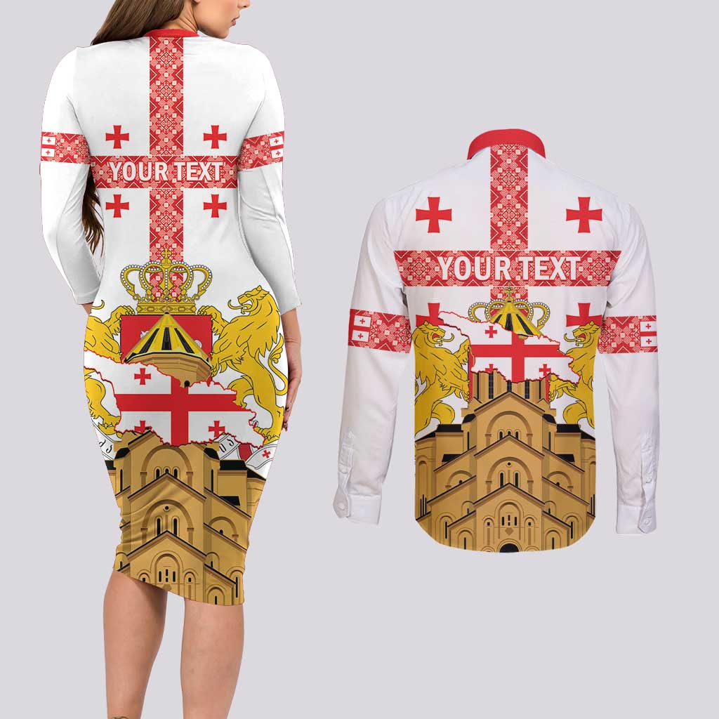 Personalised Georgia Independence Day Couples Matching Long Sleeve Bodycon Dress and Long Sleeve Button Shirt Sameba Cathedral Borjgali Folk Pattern