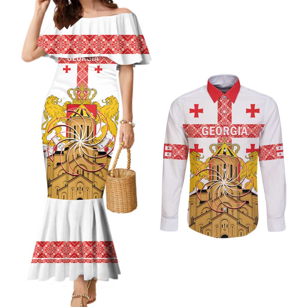 Personalised Georgia Independence Day Couples Matching Mermaid Dress and Long Sleeve Button Shirt Sameba Cathedral Borjgali Folk Pattern