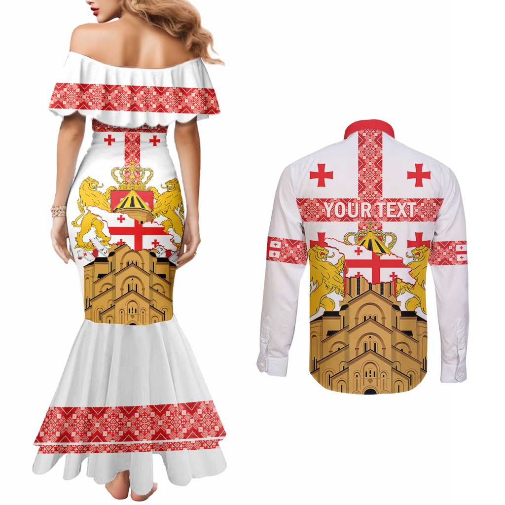 Personalised Georgia Independence Day Couples Matching Mermaid Dress and Long Sleeve Button Shirt Sameba Cathedral Borjgali Folk Pattern