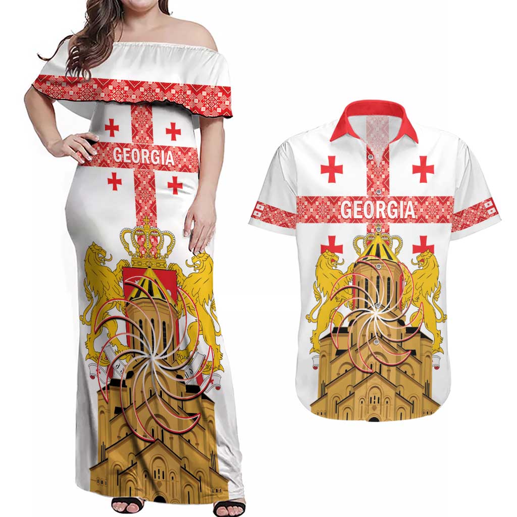 Personalised Georgia Independence Day Couples Matching Off Shoulder Maxi Dress and Hawaiian Shirt Sameba Cathedral Borjgali Folk Pattern