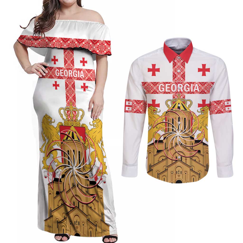 Personalised Georgia Independence Day Couples Matching Off Shoulder Maxi Dress and Long Sleeve Button Shirt Sameba Cathedral Borjgali Folk Pattern