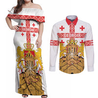Personalised Georgia Independence Day Couples Matching Off Shoulder Maxi Dress and Long Sleeve Button Shirt Sameba Cathedral Borjgali Folk Pattern
