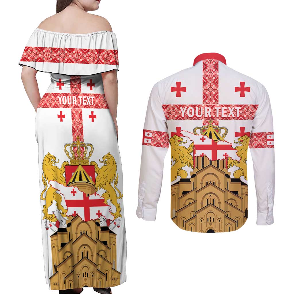 Personalised Georgia Independence Day Couples Matching Off Shoulder Maxi Dress and Long Sleeve Button Shirt Sameba Cathedral Borjgali Folk Pattern