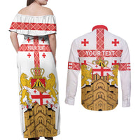 Personalised Georgia Independence Day Couples Matching Off Shoulder Maxi Dress and Long Sleeve Button Shirt Sameba Cathedral Borjgali Folk Pattern
