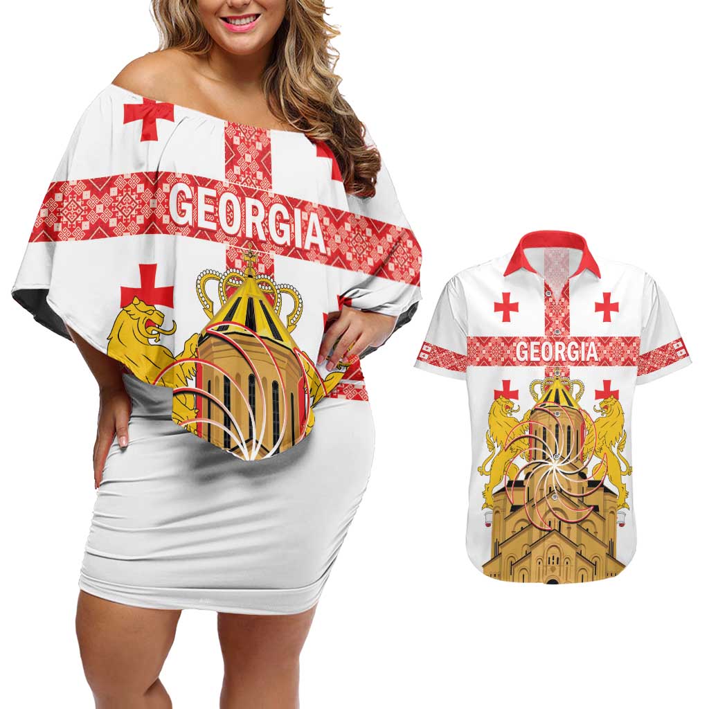 Personalised Georgia Independence Day Couples Matching Off Shoulder Short Dress and Hawaiian Shirt Sameba Cathedral Borjgali Folk Pattern
