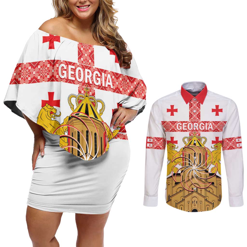 Personalised Georgia Independence Day Couples Matching Off Shoulder Short Dress and Long Sleeve Button Shirt Sameba Cathedral Borjgali Folk Pattern