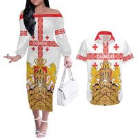 Personalised Georgia Independence Day Couples Matching Off The Shoulder Long Sleeve Dress and Hawaiian Shirt Sameba Cathedral Borjgali Folk Pattern