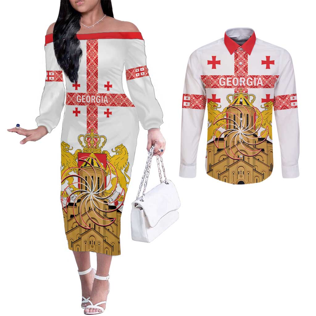 Personalised Georgia Independence Day Couples Matching Off The Shoulder Long Sleeve Dress and Long Sleeve Button Shirt Sameba Cathedral Borjgali Folk Pattern